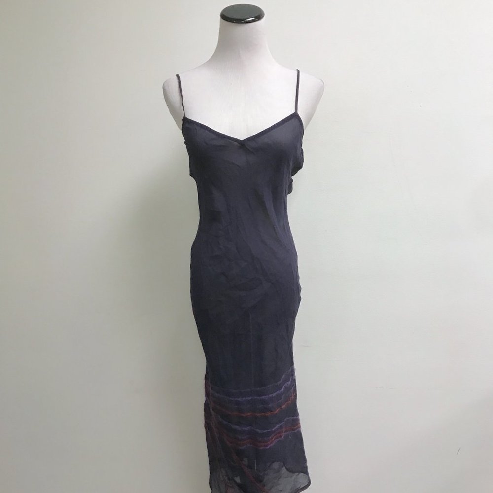 ANNARITA N sheer navy blue silk bias cut embroidered midi slip dress i40 S